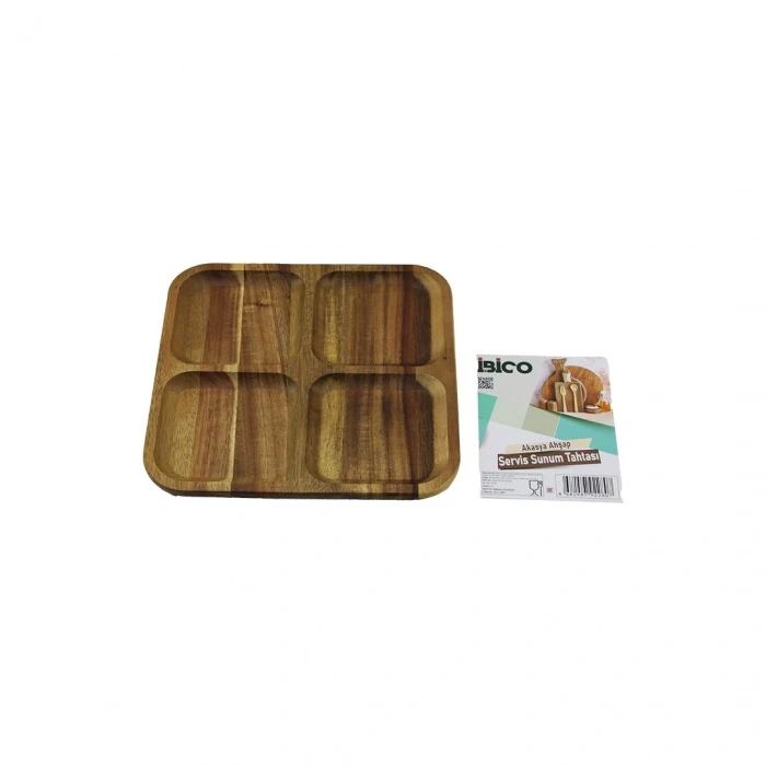 AKASYA KARE 4 BÖLMELİ  AHŞAP SERVİS SUNUM TEPSİ - TAHTASI  20 X 1.4CM (5365)