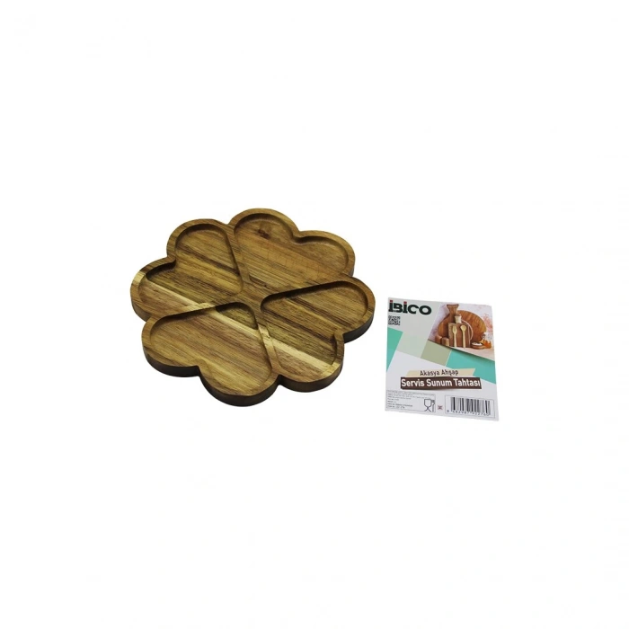 AKASYA YUVARLAK  4 KALP BÖLMELİ  AHŞAP SERVİS SUNUM TEPSİ - TAHTASI  21 X 1.4CM (5365)