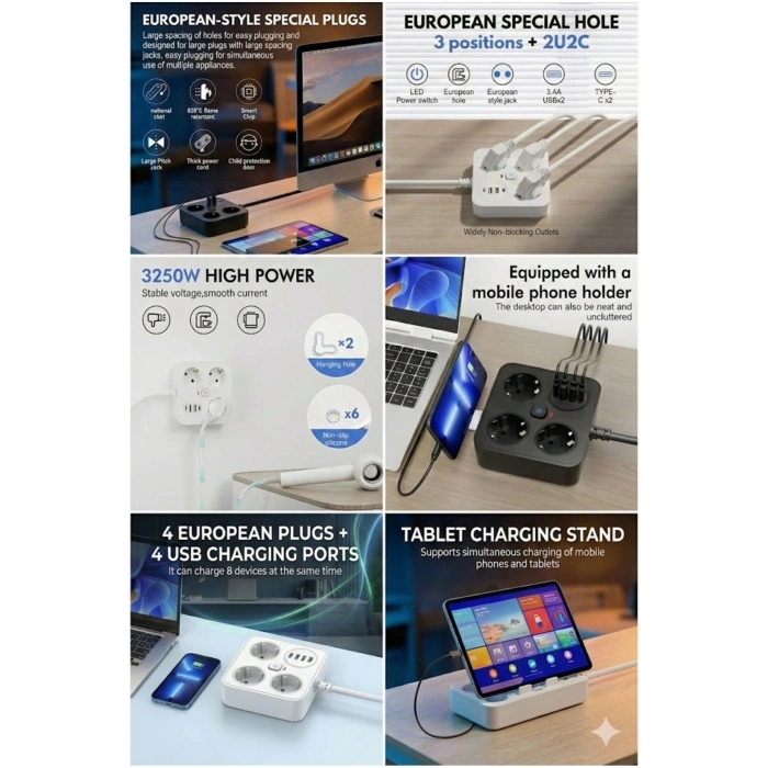 AKIM KORUMALI Avrupa Soket Kartı Tip-C Usb 2 m Uzatma Kablosu Emniyet Anahtarı ile