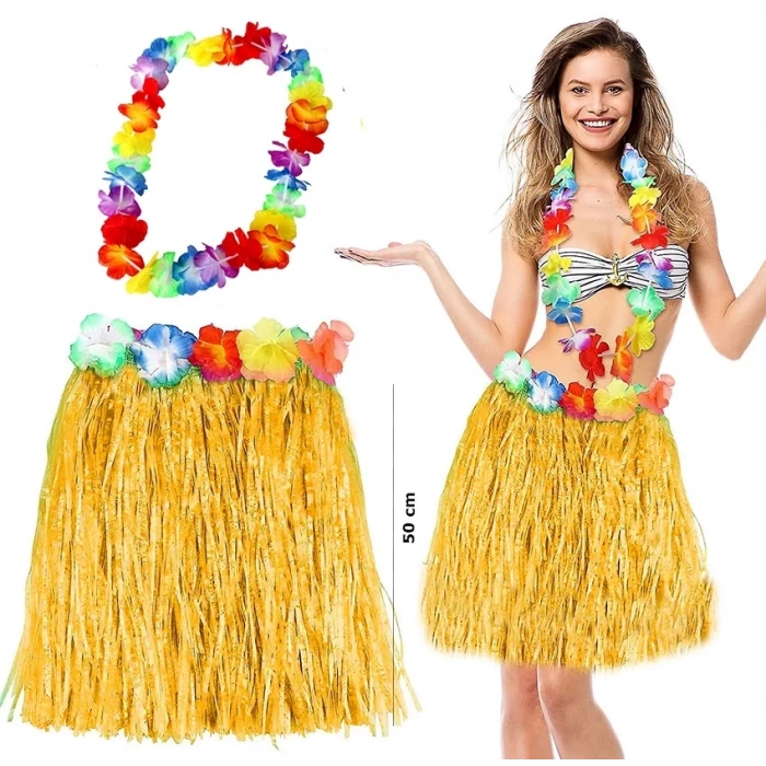 Aloha Sarı Püsküllü 50 Cm Etek Ve Kolye Seti