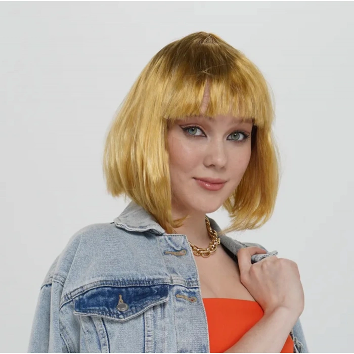 Altın Renk Düz Kesim Küt Parti Peruğu Kısa Takma Saç (5365)