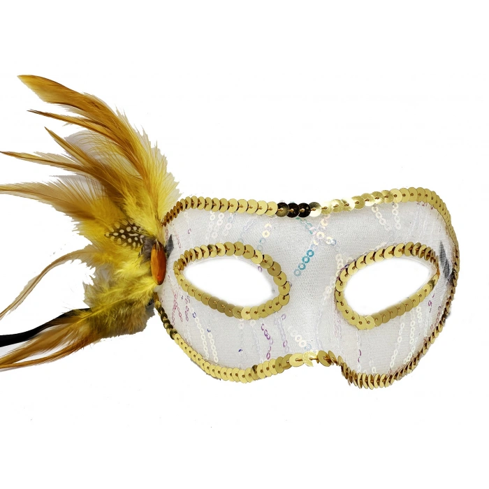 Gold Color Side-Feathered Sequin Embroidered Party Mask 23x12 cm (5365)