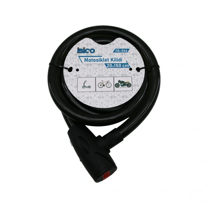 ANAHTARLI AÇ-KAPA KİLİT KAPAKLI MOTOR - BİSİKLET KİLİT ÇELİK TEL SİYAH ŞEFFAF KILIF 20MMX150CM (5365)