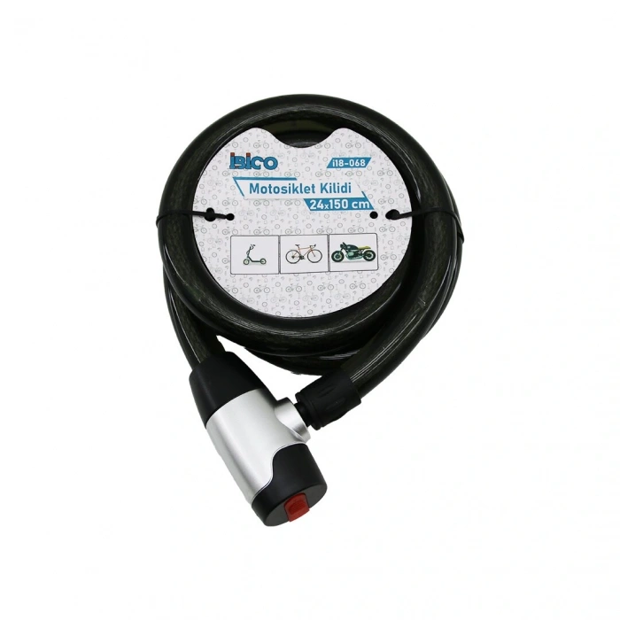 ANAHTARLI AÇ-KAPA KİLİT KAPAKLI MOTOR - BİSİKLET KİLİT ÇELİK TEL SİYAH ŞEFFAF KILIF 24MMX150CM (5365)