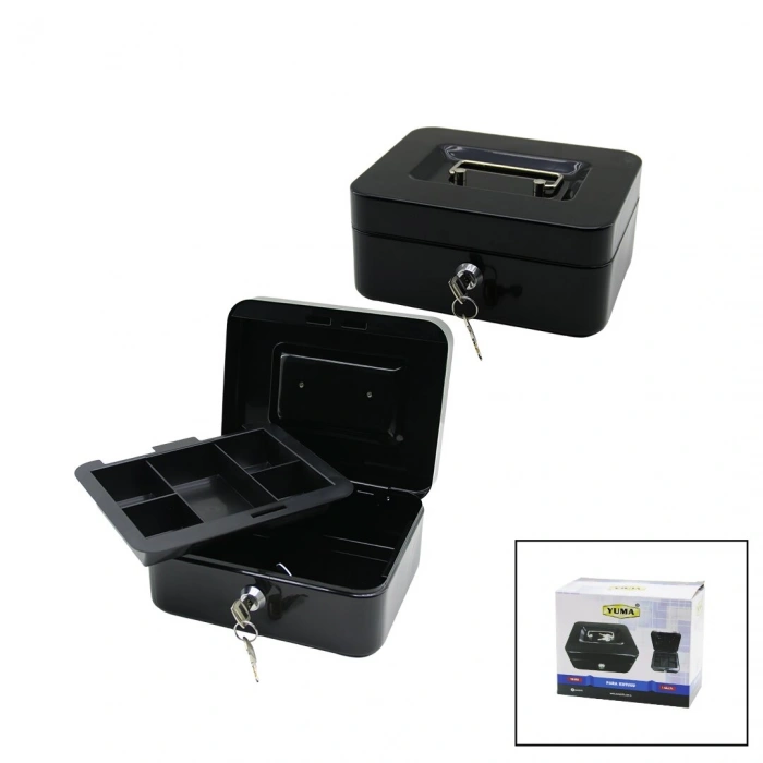 ANAHTARLI KÜÇÜK METAL PARA -DEĞERLİ EŞYA KUTUSU 2KAT=TEK+6 BÖLME TAŞIMA KULP - 15.2X11.8X8CM (5365)