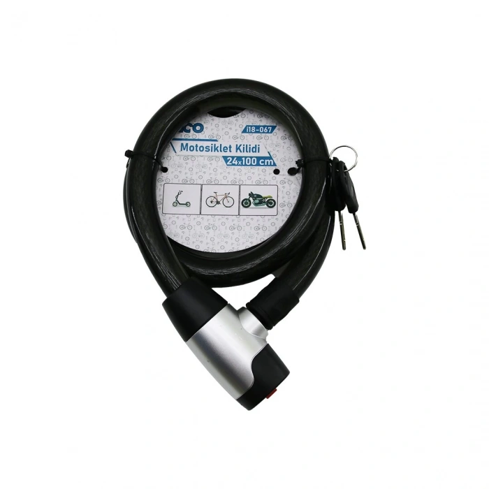 ANAHTARLI METAL KAPLAMA KAFA ÇEK-İT KİLİT KAPAK MOTOR - BİSİKLET KİLİT ÇELİK TEL SİYAH ŞEFFAF KILIF 24MMX100CM (5365)