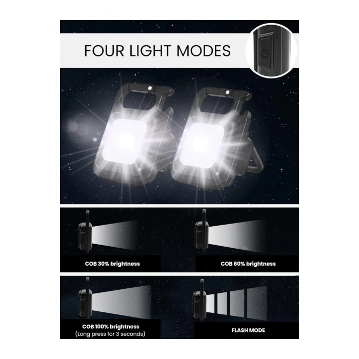 Anahtarlıklı, Açacaklı,Güçlü Mıknatıslı 3 Farklı Led Modlu Mini Boy Asılabilen LedEl Feneri
