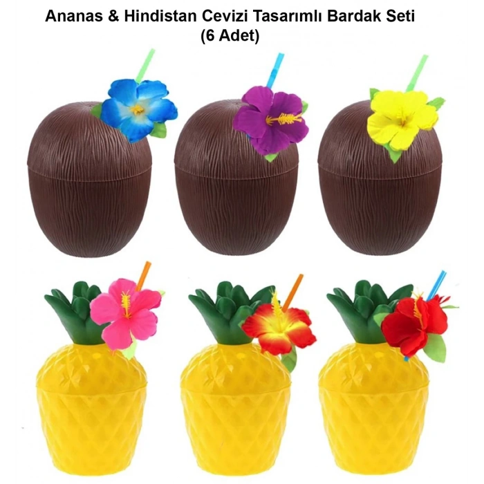 Ananas &amp;amp; Hindistan Cevizi Tasarımlı Pipetli Bardak Seti (6 Adet) (5365)