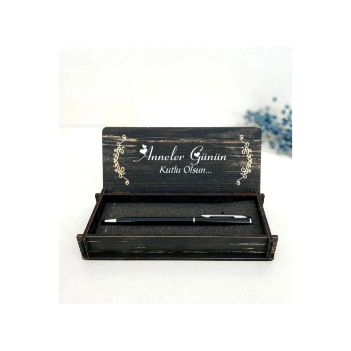 Anneler Günü Tasarımlı Ahşap Kalem Kutusu - Siyah