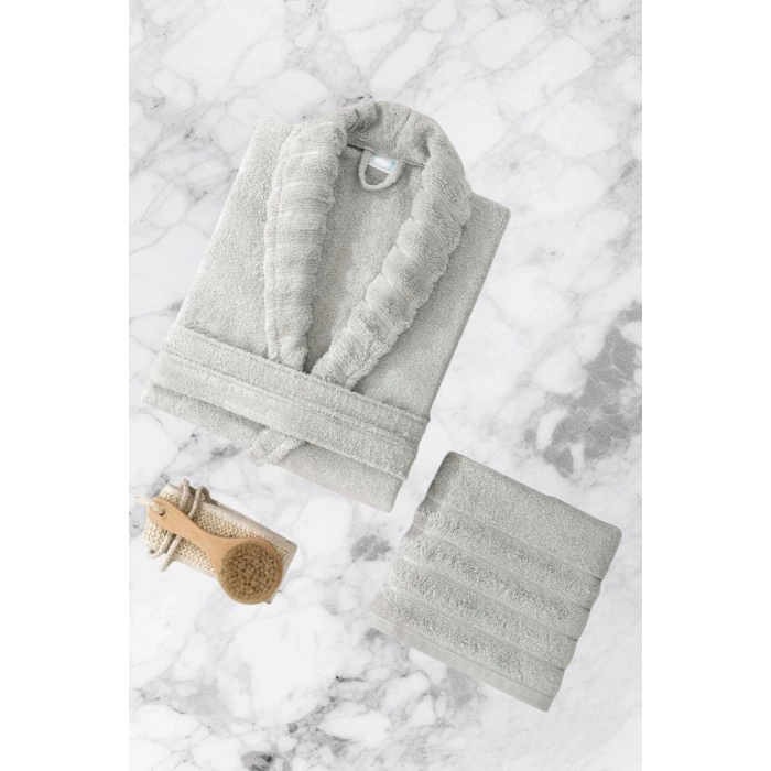 AquaLoom Lüx Bornoz ve Havlu Seti %100 Pamuklu Açık Gri