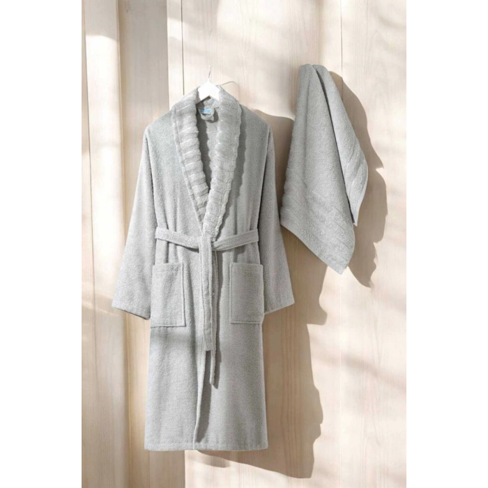 AquaLoom Lüx Bornoz ve Havlu Seti %100 Pamuklu Açık Gri