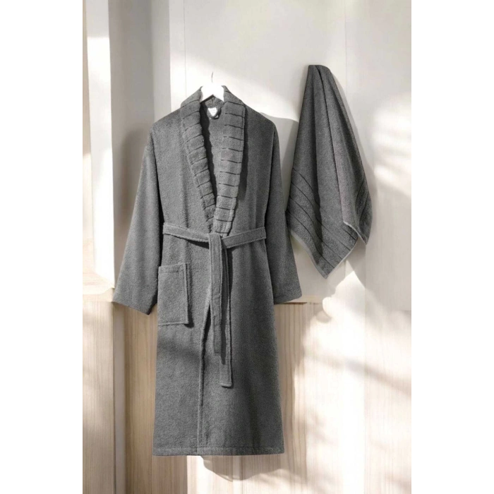 AquaLoom Lüx Erkek Bornoz ve Havlu Seti %100 Pamuklu Antrasit