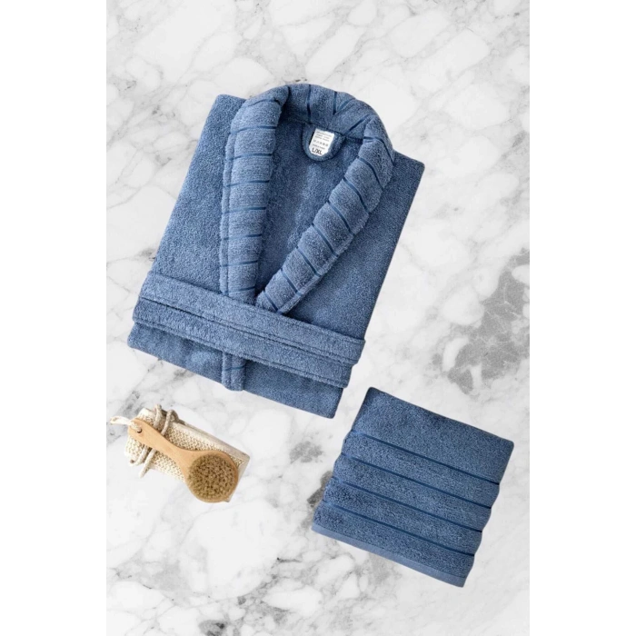 AquaLoom Lux Mens Bathrobe and Towel Set %100 Cotton Blue
