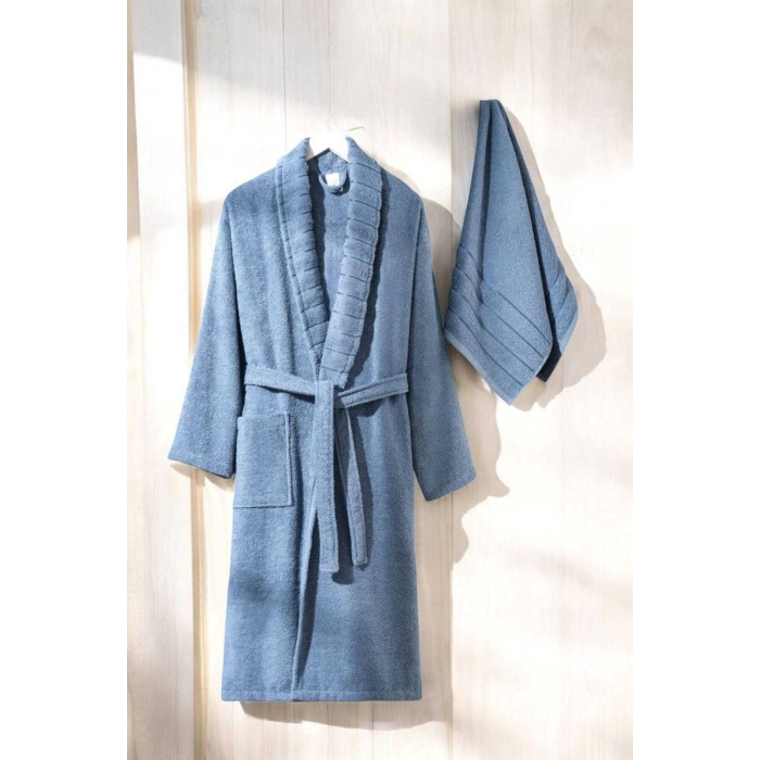 AquaLoom Lux Mens Bathrobe and Towel Set %100 Cotton Blue