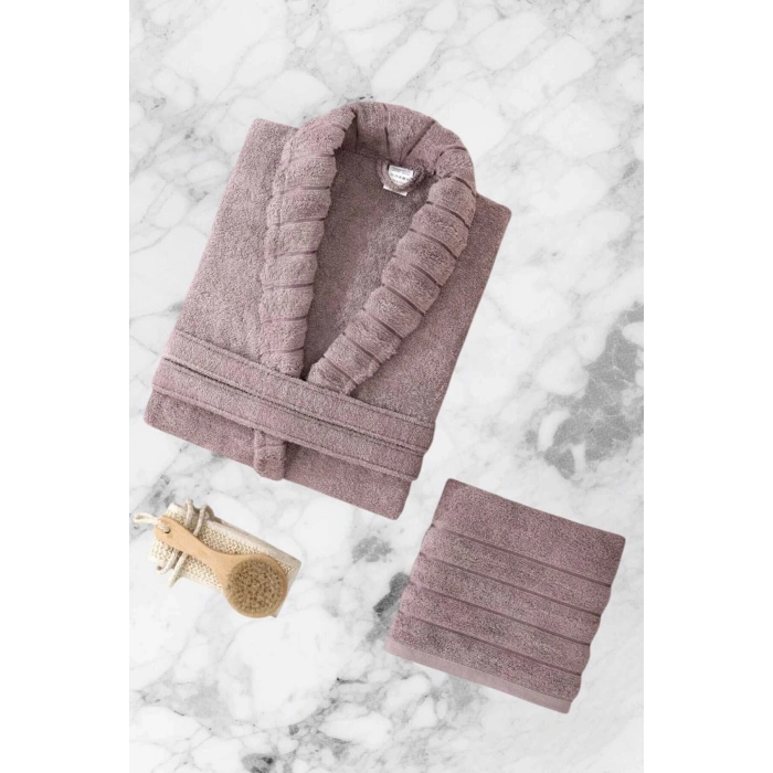 AquaLoom Lüx Kadın Bornoz ve Havlu Seti %100 Pamuklu Mürdüm