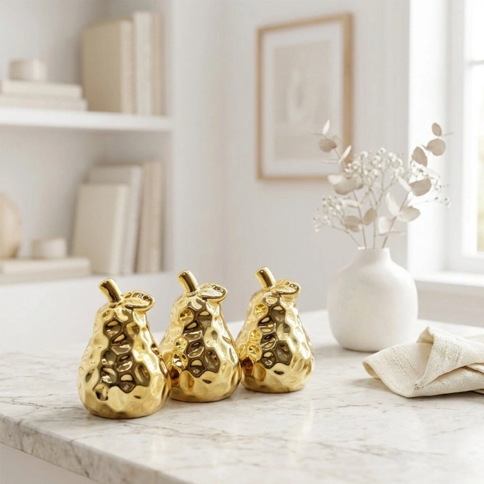 Pear Design Small Ceramic Figurine - Shiny Gold - Ornament