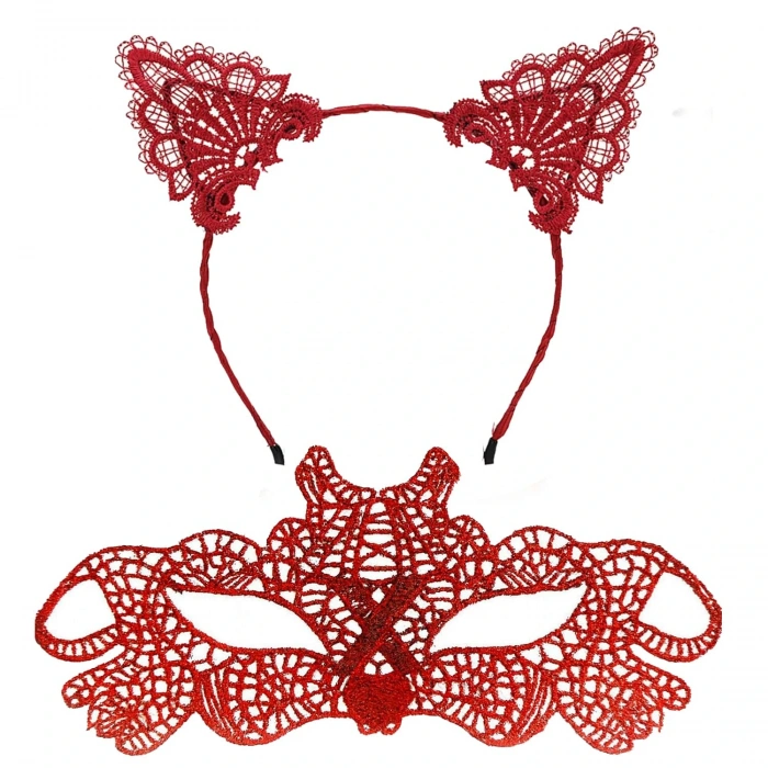 Fire Red Lace Mask and Cat Ear Crown Set No. 10 - Masked Ball & Special Occasion Set (5365)