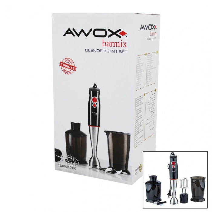 AWOX BARMİX  3İN1  BLENDER SETİ  ÇELİK 2Lİ MİKSER   ÇELİK RONDO BIÇAK   ÇELİK 4 KANATLI BIÇAK   1000W (5365)