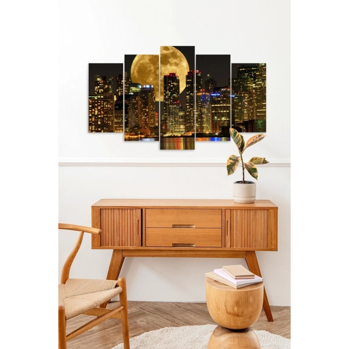 Ay ve Şehir Manzarası 5 Parçalı Mdf Tablo 60 x 100