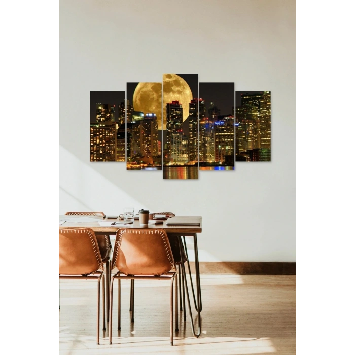 Ay ve Şehir Manzarası 5 Parçalı Mdf Tablo 60 x 100