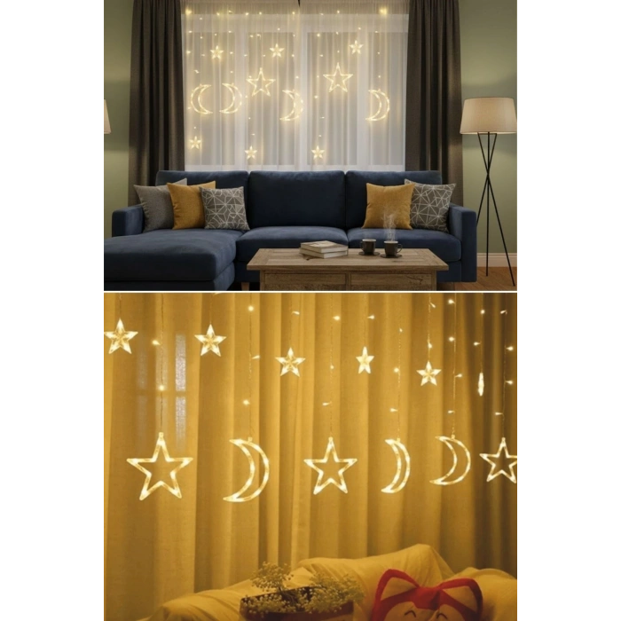 Ay ve Yıldız Figürlü Kumandalı 12 Sarkıtlı 120 LED Dekor Işık – Dekoratif Ortam ve Masaüstü Aydınlatması