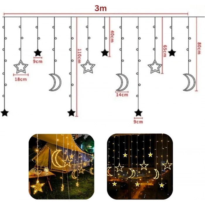 Ay ve Yıldız Figürlü Kumandalı 12 Sarkıtlı 120 LED Dekor Işık – Dekoratif Ortam ve Masaüstü Aydınlatması