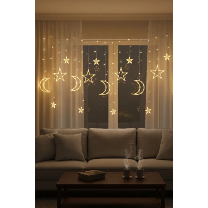 Ay ve Yıldız Figürlü Kumandalı 12 Sarkıtlı 120 LED Dekor Işık – Dekoratif Ortam ve Masaüstü Aydınlatması