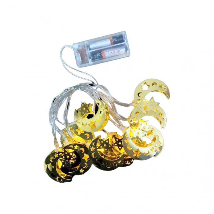 AY YILDIZ MODEL=10PCS   GOLD METAL   PİLLİ  DEKORATİF LED IŞIK - LAMBA  2MT KABLO (5365)