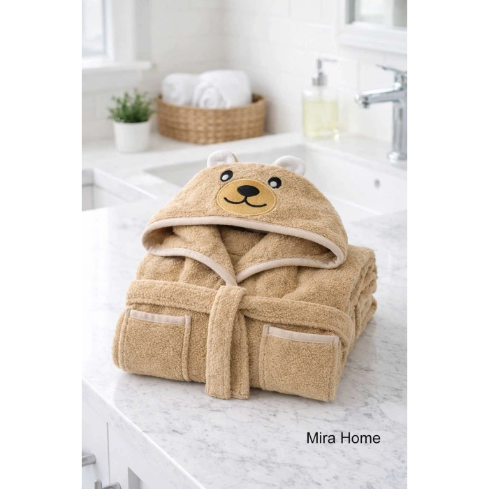 Ayıcık Figürlü Nakışlı Kapüşonlu Çocuk Bornozu