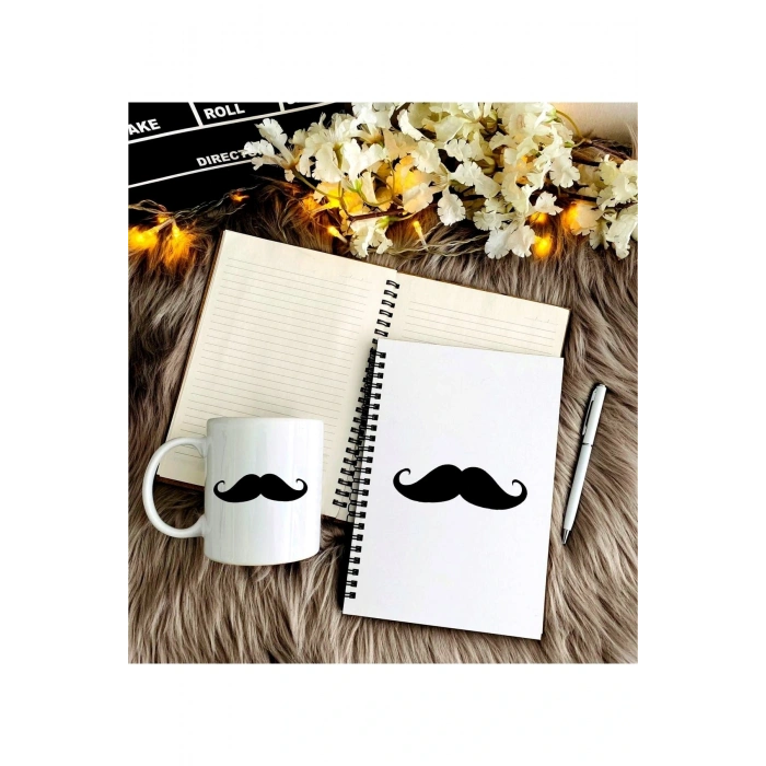 Babalar Günü Için Bıyık Baskılı Defter, Kalem Ve Kupa Seti