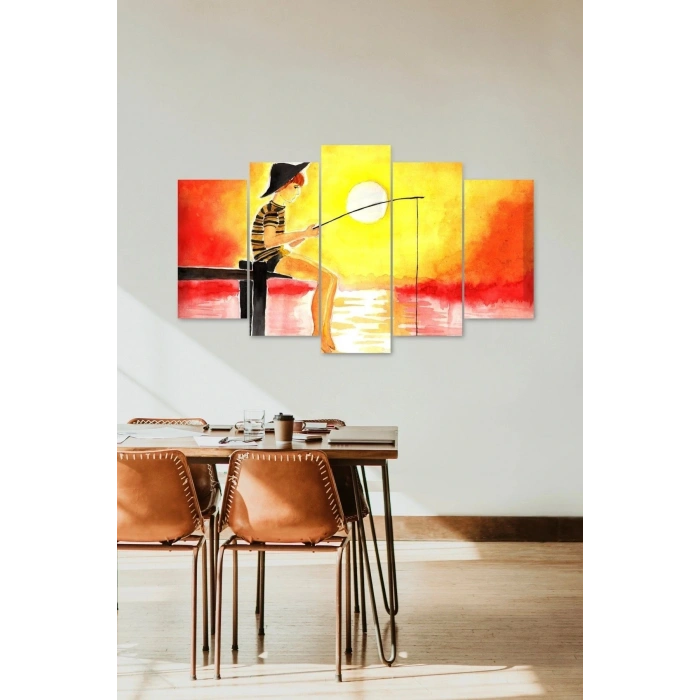 Balık Tutan İnsan 5 Parçalı Mdf Tablo 60 x 100