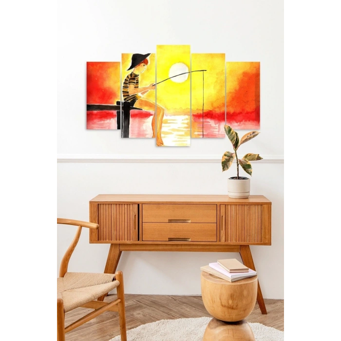Balık Tutan İnsan 5 Parçalı Mdf Tablo 60 x 100