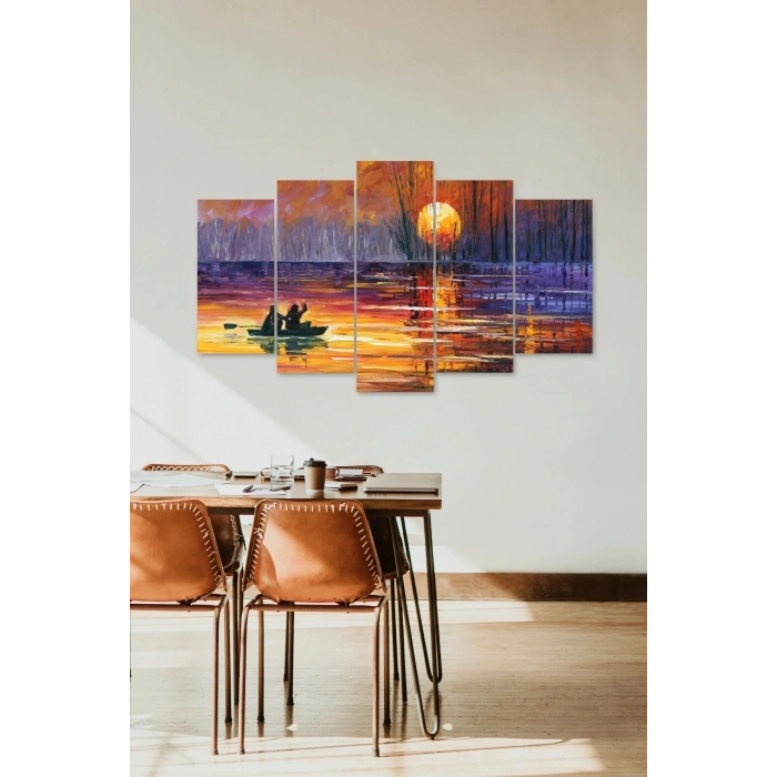 Batan Güneş ve Kayık 5 Parçalı Mdf Tablo 60 x 100