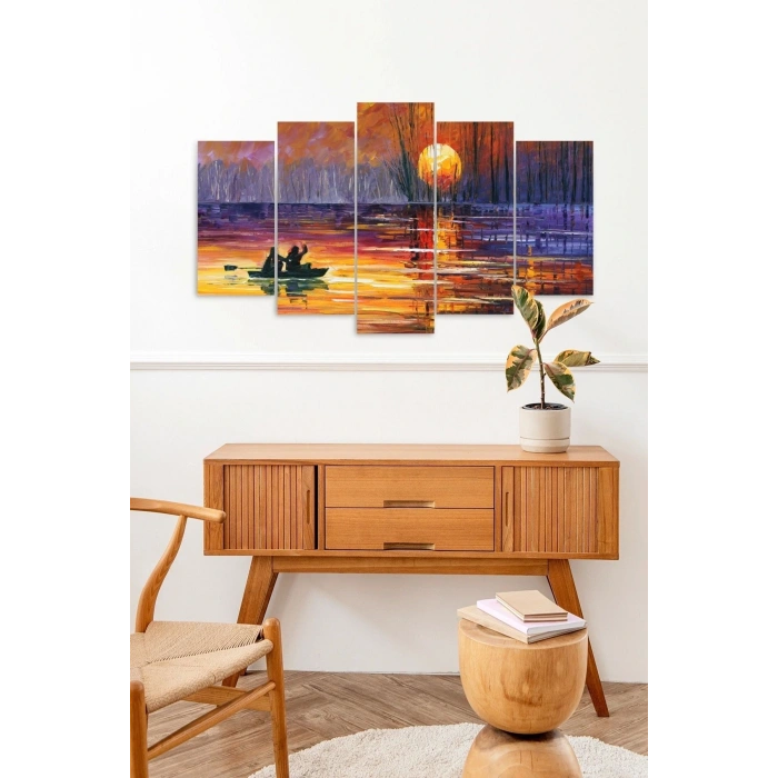 Batan Güneş ve Kayık 5 Parçalı Mdf Tablo 60 x 100