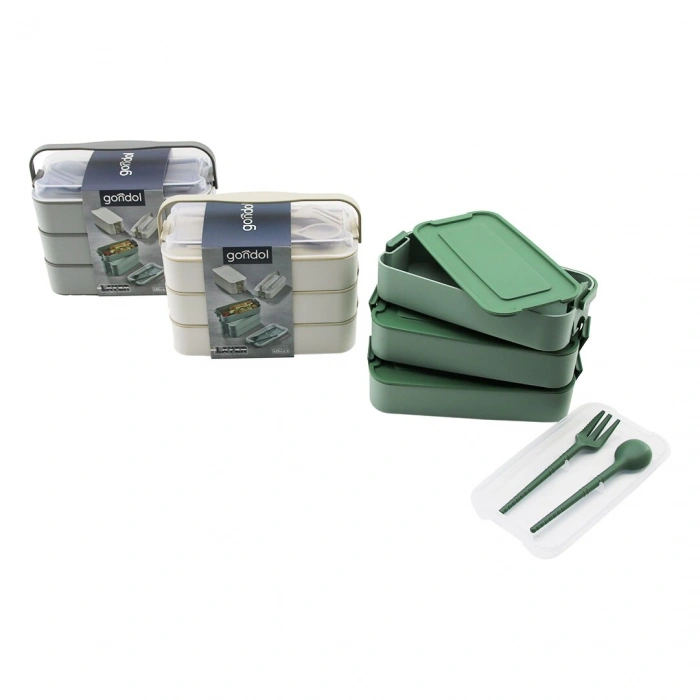 FOOD BOX 3 LAYER X 420ML - FORK - SPOON - SINGLE HANDLE FOR CARRYING  COLORED PLASTIC (5365)