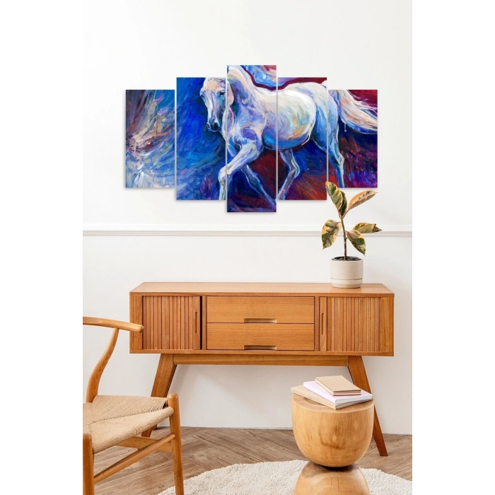 Beyaz At Manzara 5 Parçalı Mdf Tablo 60 x 100