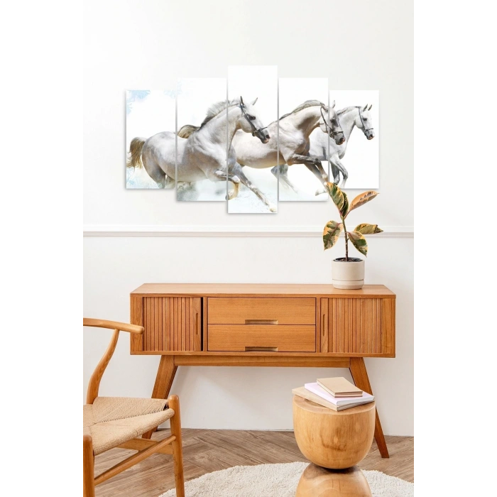 Beyaz At Manzarası 5 Parçalı Mdf Tablo 60 x 100