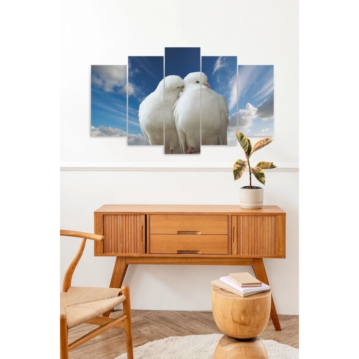 Beyaz Güvercin Aşk 5 Parçalı Mdf Tablo 60 x 100