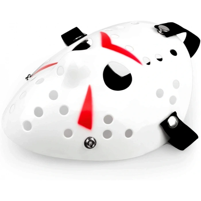 قناع هوكي للوجه الكامل باللون الأبيض والخط الأحمر