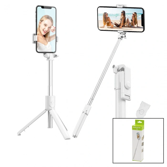 BEYAZ  SELFİ ÇUBUK - TRİPOD AYAKLI  57CM UZAYAN-KISALAN SAPLI + 10CM =67CM (5365)