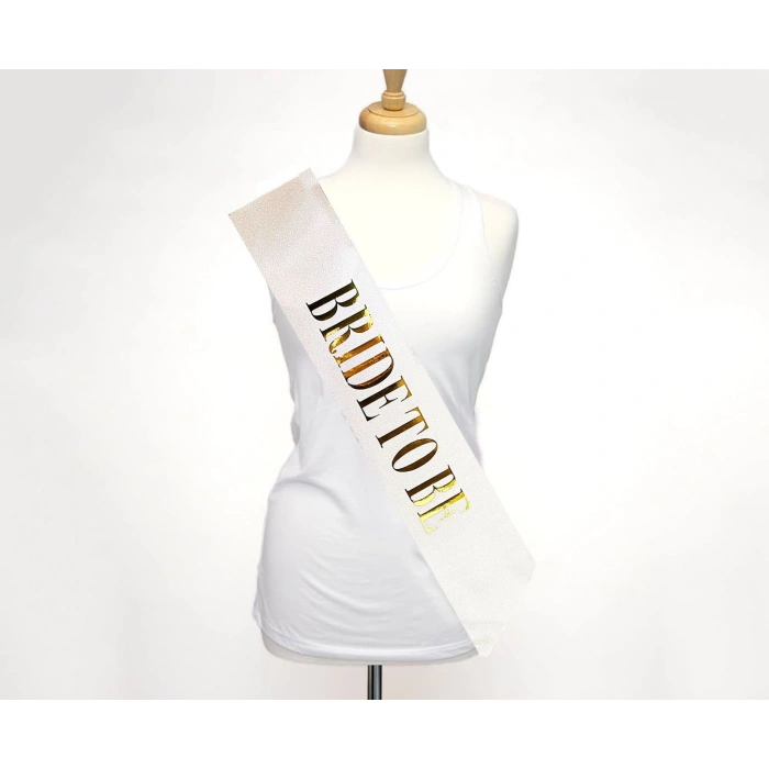 Beyaz Üzeri Altın Büyük Bride To Be Yazılı Simli Işıltılı Kuşak Kemer 10 cm Genişlik (5365)
