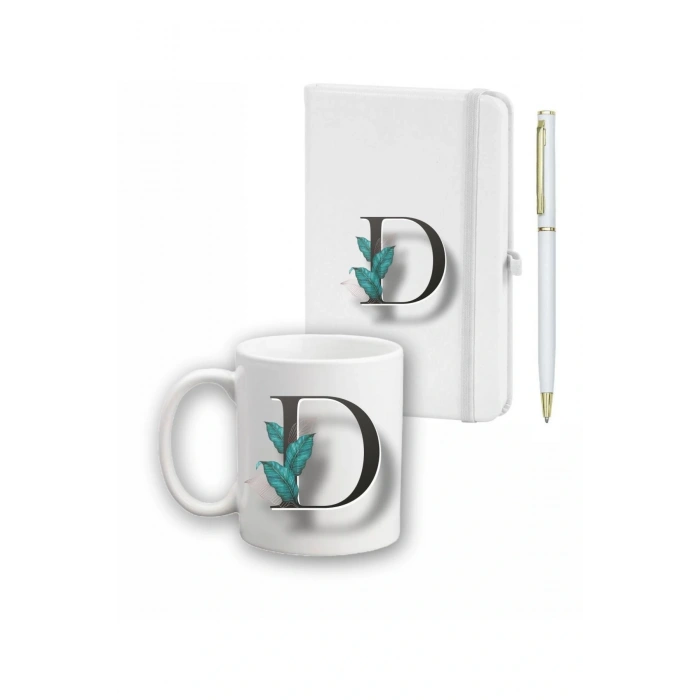 Beyaz Yaprak Desenli  Ajanda Kupa ve Kalem Seti