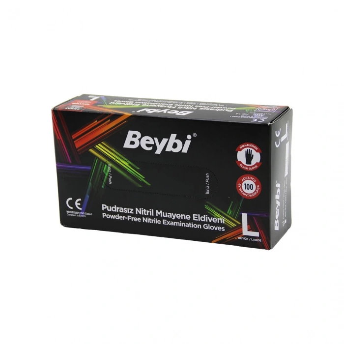 BEYBİ L SİYAH PUDRASIZ NİTRİL MUAYENE ELDİVENİ 100LÜ (5365)
