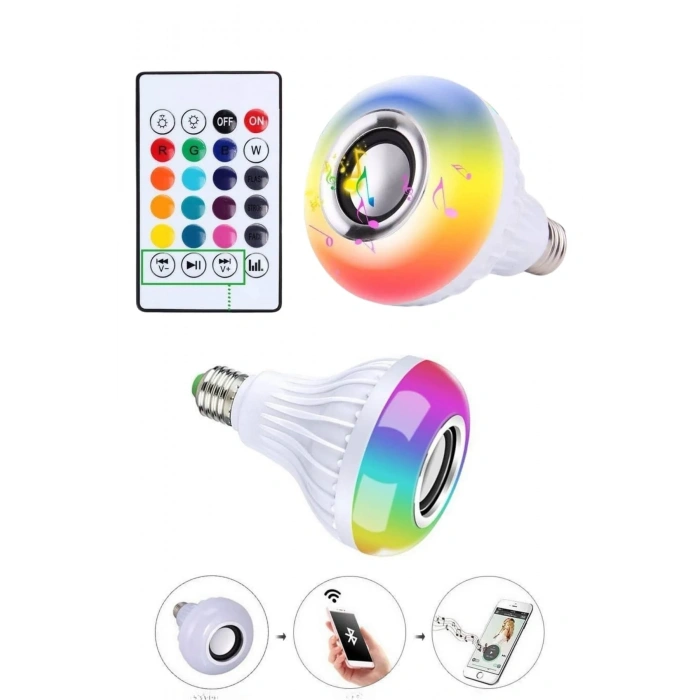 Bluetooth Hoparlörlü Renkli Led Ampul E27 Duy Tipi 12w