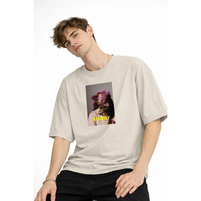 Blurry - Oversize Erkek Tişört BEJ