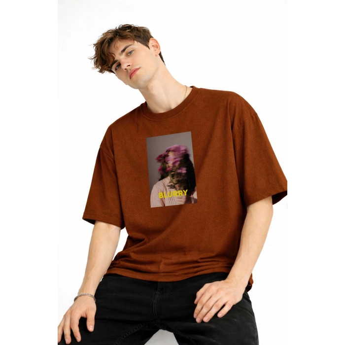 Blurry - Oversize Erkek Tişört KAHVE