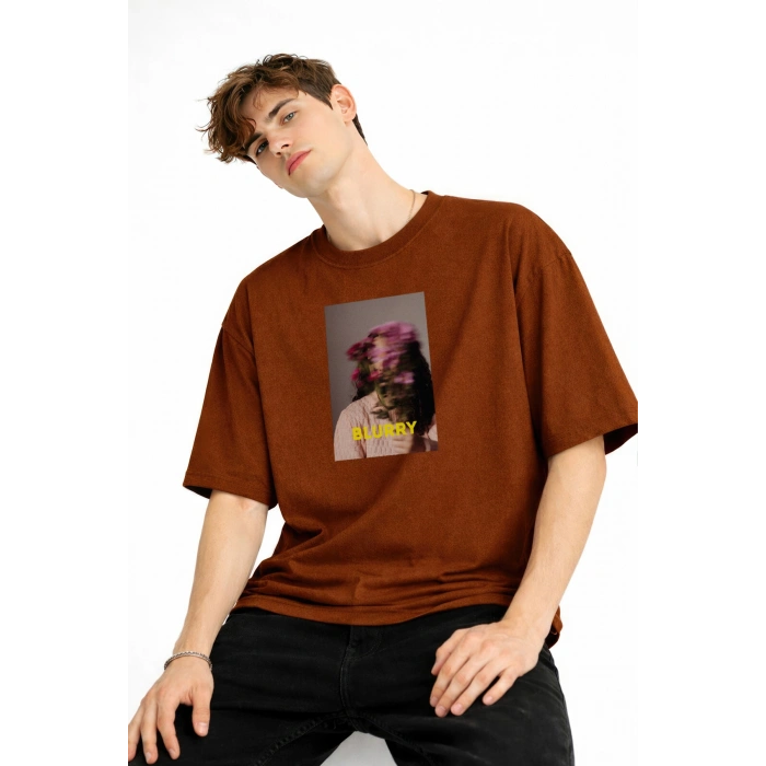 Blurry - Oversize Erkek Tişört KAHVE