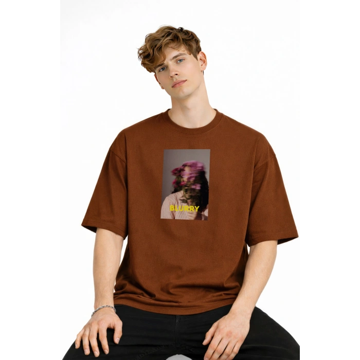 Blurry - Oversize Erkek Tişört KAHVE