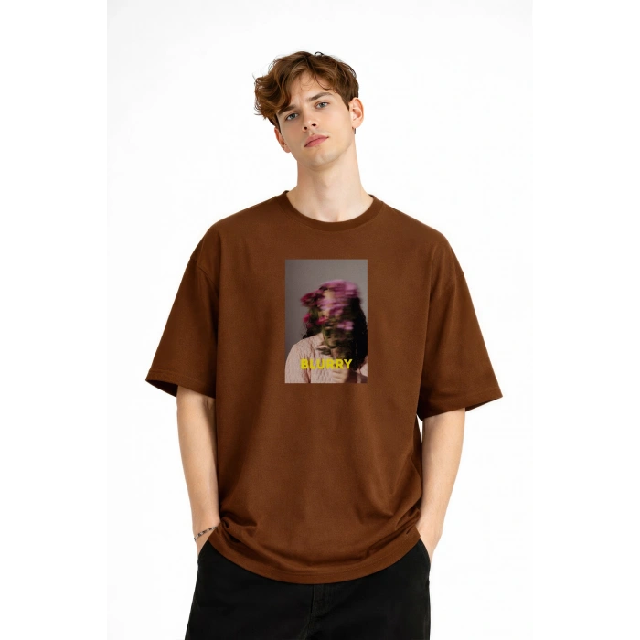 Blurry - Oversize Erkek Tişört KAHVE