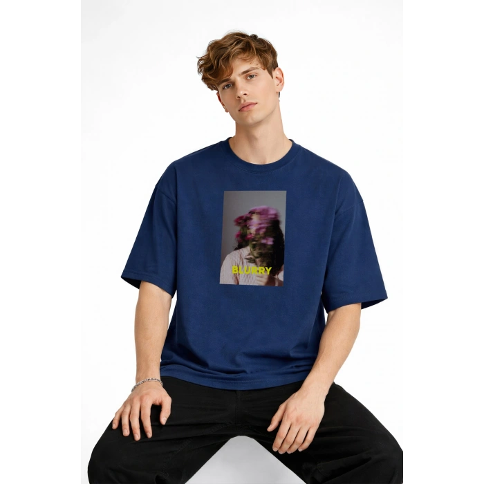 Blurry - Oversize Erkek Tişört Koyu Mavi